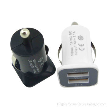 Mini bullet dual USB car charger, double 2-port, 5V DC/2.1 and 1A, black/white